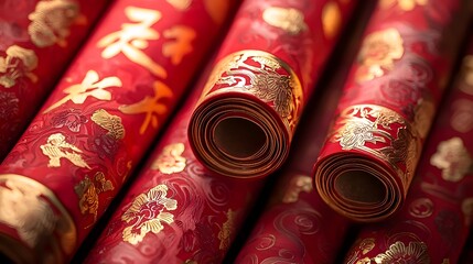 Wall Mural - Traditional Chinese Red Scrolls with Golden Calligraphy for Festive