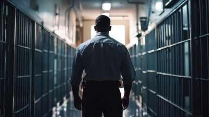 A man in a white shirt stands in a dark hallway with metal bars