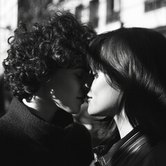 Wall Mural - A black and white photograph of a lesbian couple with short curly hair and long straight hair, intimate feelings, outdoors, in an urban setting.