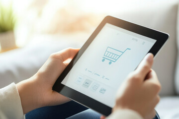 Woman holding a tablet showing a shopping cart icon.