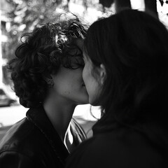 In an urban setting, a black and white photograph shows a couple with short curly hair and long straight hair, with their faces obscured.