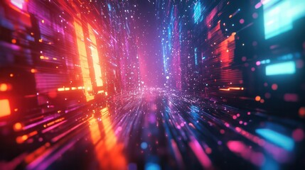 Poster - A colorful, neon-lit tunnel with a lot of dots and squares