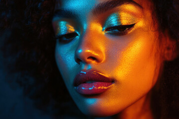 Woman with bright makeup and glowing eyes in a mysterious forest at dusk.