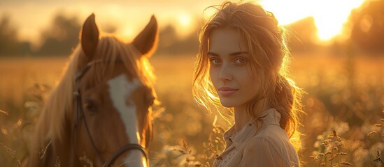 Sticker - A young woman with long red hair stands in a field with a brown horse at sunset.  The woman is wearing a beige shirt and the sun is shining in the background.