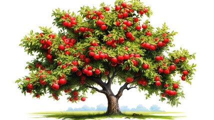 Wall Mural - A fruit-bearing apple tree, orchard tree, digital painting, vibrant red apples, isolated on white background 