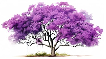 Wall Mural - A blooming jacaranda tree, vibrant purple flowers, hand-drawn style, graceful branches, isolated on white background 