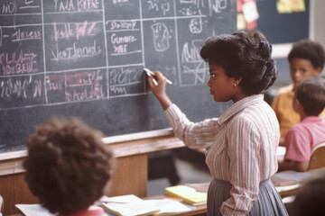 Young girl writes on blackboard in classroom, surrounded by colorful drawings and educational posters.