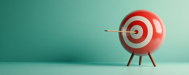 A red target balloon with a dart precisely hitting the bullseye stands against a minimalist green background, symbolizing accuracy and precision.