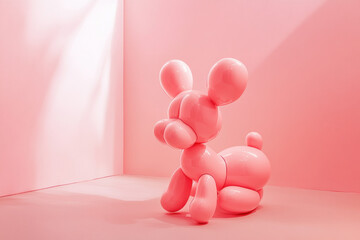 Pink balloon dog on white floor.