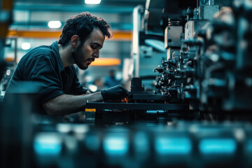 Man in overalls busy operating machinery in a bustling factory setting with industrial equipment in the background.