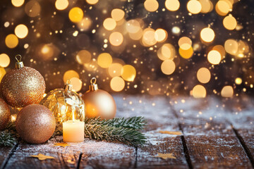 Sticker - Christmas decorations on wooden table with bokeh lights in background.