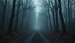 © Crazy Stock – Studio - Dark forest pathway with barren trees and eerie mist creeping in as an unknown force seems to watch from the shadows.