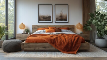 Wall Mural - Cozy modern bedroom with wooden bed and orange accents in natural light-filled interior. Generative AI