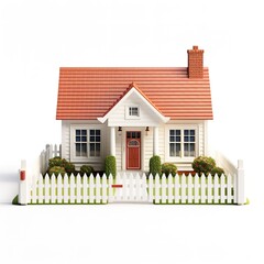 Wall Mural - A small suburban house, white picket fence, simple design, isolated on white background
