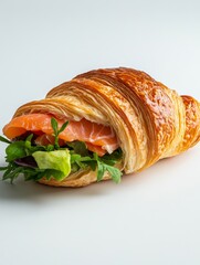 Wall Mural - savoury croissant with salmon and salad, white background, isolated, food experience