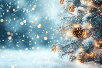 Poster - Christmas tree with snow and twinkling lights, creating a magical winter wonderland scene.