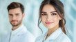 © Nano Photos - Two professionals in white lab coats stand in focus, with one smiling confidently at the camera, set against a blurred neutral background.