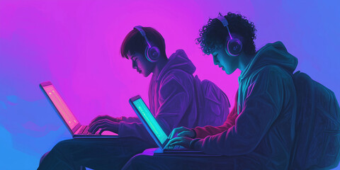 Leinwandbilder - Two young programmers working on laptops with headphones in colorful neon lighting