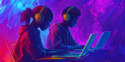 Leinwandbilder - Two programmers working on laptops in neon light with headphones