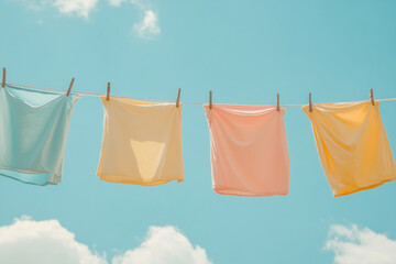 clothes hanging on a line against a clear blue sky.