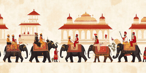 Wall Mural - Indian procession with noble people riding decorated elephants