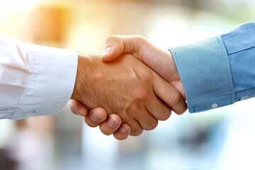 A close-up of a handshake between two professionals, emphasizing their agreement and collaboration. The background features a blurred office environment with natural light streaming in