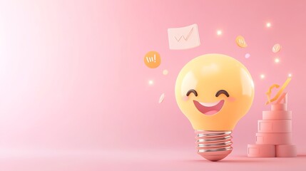 Happy light bulb character with charts, symbols, and pink background.