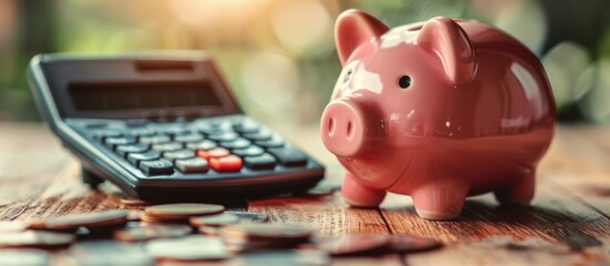 A pink piggy bank sits next to a calculator and scattered coins on a wooden table.