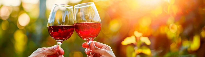 Banner or header with two glasses of red wine clinking at sunset in a vineyard