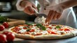 © Faxri - Professional female chef in a restaurant making pizza by adding cheese, special sauce, and ingredients. Cooking using a family's traditional recipe. A true Sunny Italian Pizzeria.
