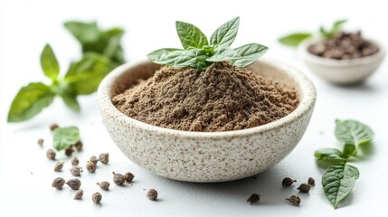 Wall Mural - Ground Black Peppercorns with Fresh Leaves in a White Bowl