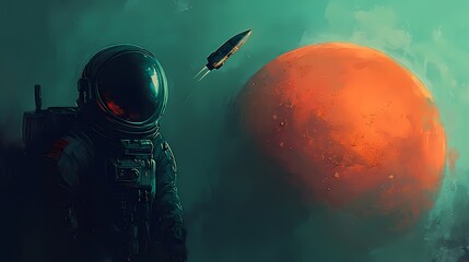 Wall Mural - Male astronaut gazing at a vibrant orange planet with a rocket in the distance.