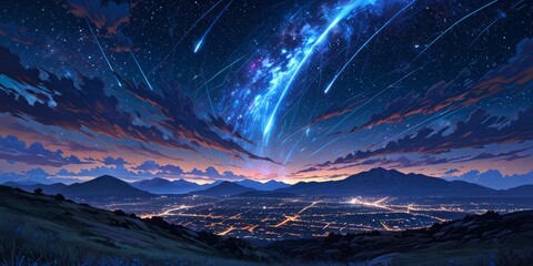 Night Sky Filled with Meteor Shower, Anime Aesthetic