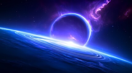 stunning cosmic scene featuring a bright planet and swirling rings in deep space.