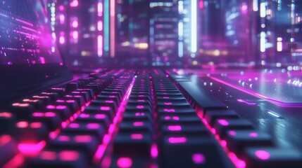 Fototapete - Close-up of a glowing keyboard with a futuristic city skyline in the background.