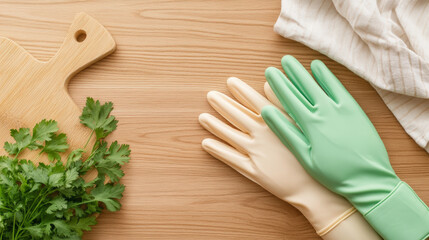 Two pairs of rubber gloves on a wooden surface alongside fresh cilantro on a cutting board and a striped cloth.