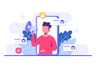 Male character making announcement on phone screen, Email marketing flat illustration, Online business strategy, Advertising, Email newsletter, messaging, Marketing concept for web banner, infographic