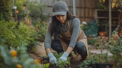 A woman gardening, tending to plants in a vibrant garden.