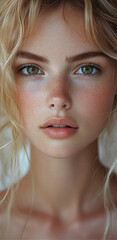 Sticker - a beautiful woman with blonde hair, hazel eyes, smooth skin, thin lips, and thin eyebrows, wearing minimal makeup