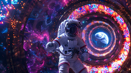 Wall Mural - A space station orbiting a distant planet decorated. Rangoli Inspired  