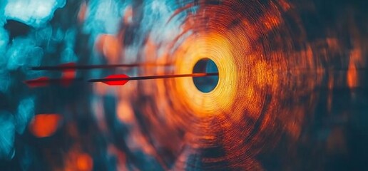 Close-up of two red arrows hitting the bullseye of a target. The target has a warm, glowing, orange and yellow color.