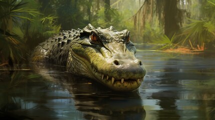 Poster - In the wetlands, an alligator glides silently through the water, its eyes and snout barely visible above the surface. - 