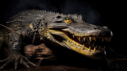 Poster - Yellow eyed crocodile in the dark, scales and teeth exposed 