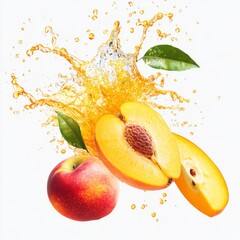 splash of an orange fluid in mid air with guava, mango, peach and apple in splash