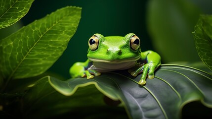 Wall Mural - Green Tree Frog Perched on a Lush Leaf  