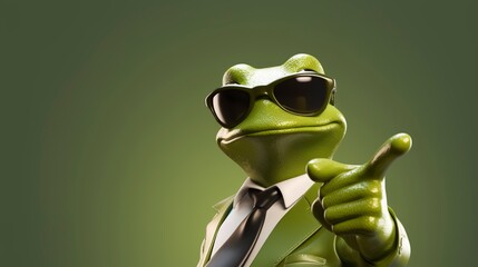 Wall Mural - A frog wearing sunglasses. The frog is wearing sunglasses and pointing to the camera, giving the impression that it is giving a thumbs up. a frog looking dumb pointing fingers, wearing sunglasses 