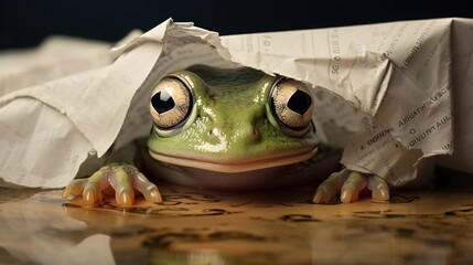 Canvas Print - Photo of a striking frog peeking through a tear in a piece of old paper 