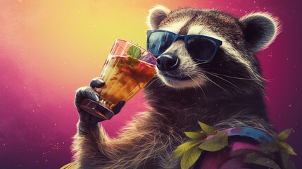 Wall Mural - Summertime racoon with a beverage and sunglasses 