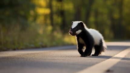 Poster - A skunk cub walks along the highway. right at you on the way road 