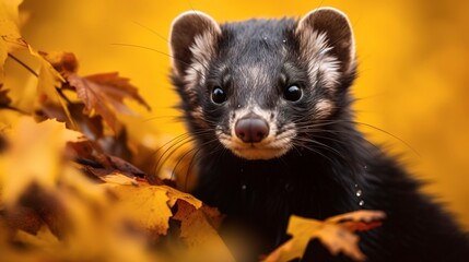 Poster - Intense close-up detailing the striking features of a marbled polecat with a vibrant yellow autumn leaf background  